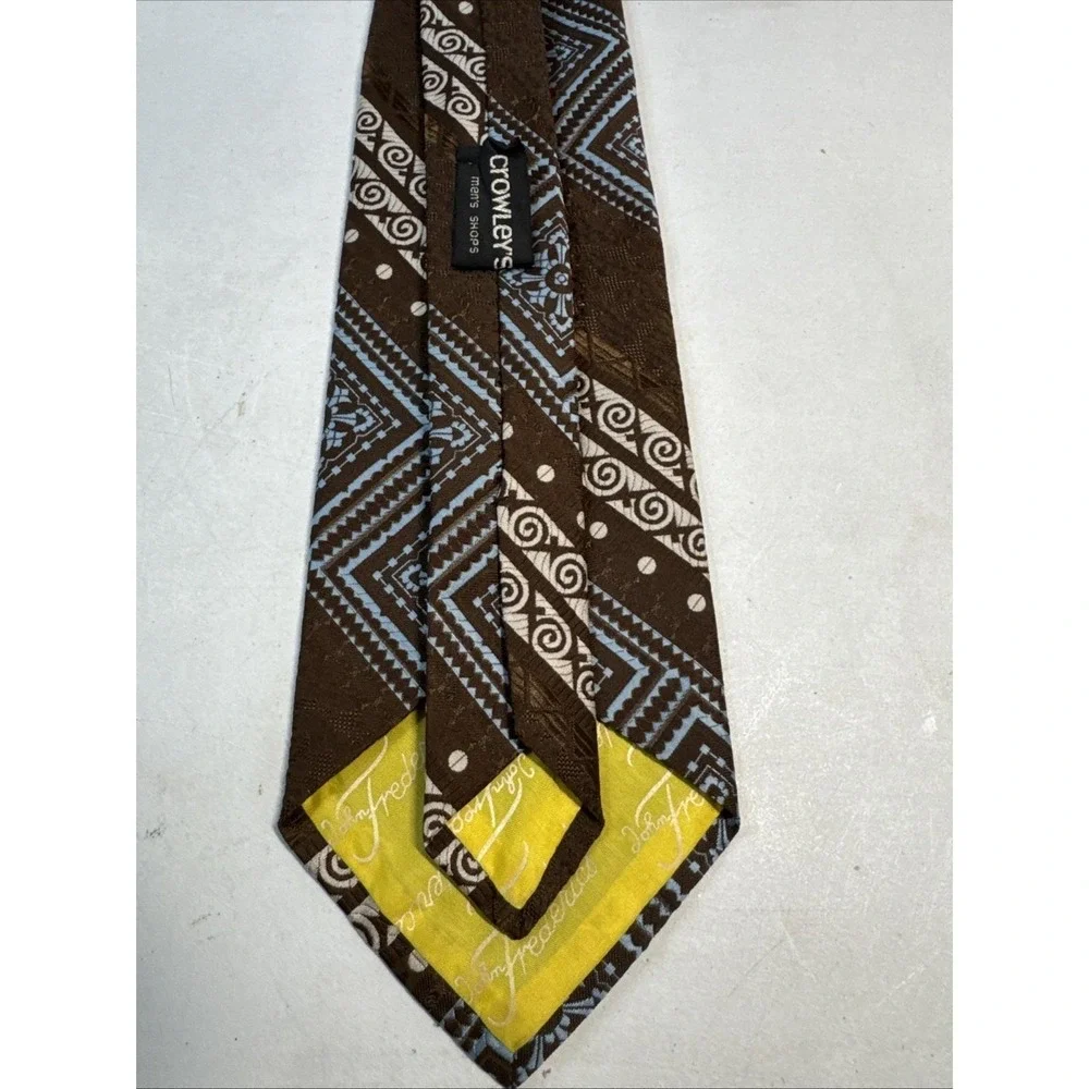 Vintage Men's Brown Cream Powder Blue Geometric Diagonal‎ Stripe Tie 70s